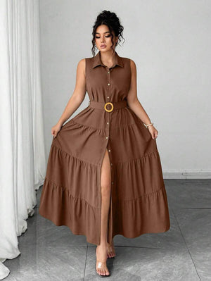 Vestido Camisero Maxi Con Cinturón Y Volantes Café