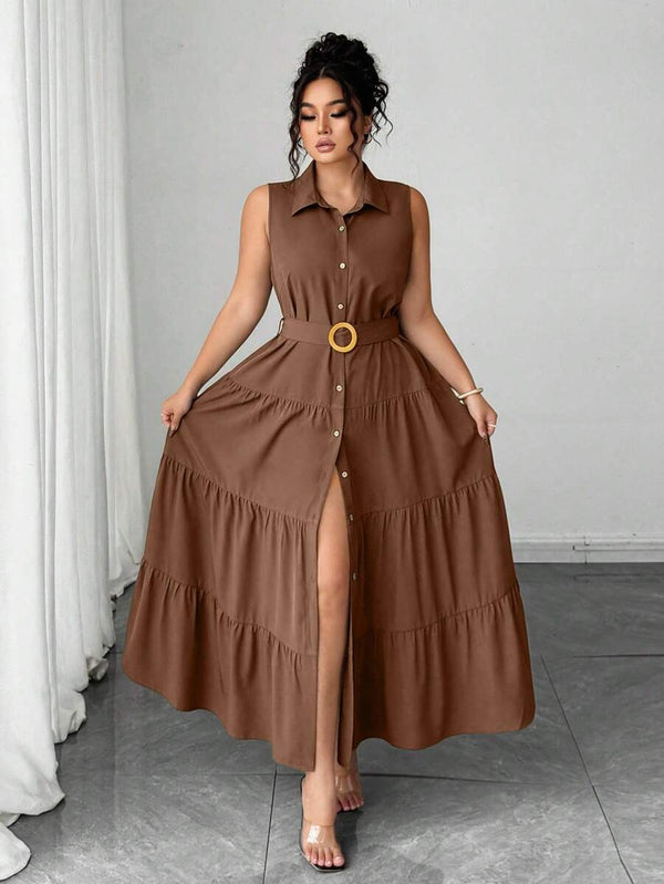 Vestido Camisero Maxi Con Cinturón Y Volantes Café