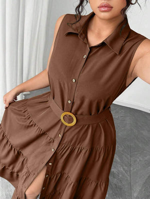 Vestido Camisero Maxi Con Cinturón Y Volantes Café