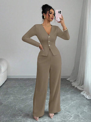 Conjunto Elegante De Blazer Y Pantalón Caqui