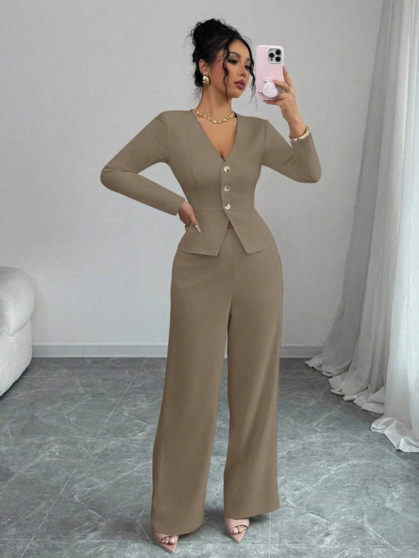 Conjunto Elegante De Blazer Y Pantalón Caqui