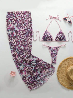 Bikini De 3 Piezas Con Falda Animal Print Floral