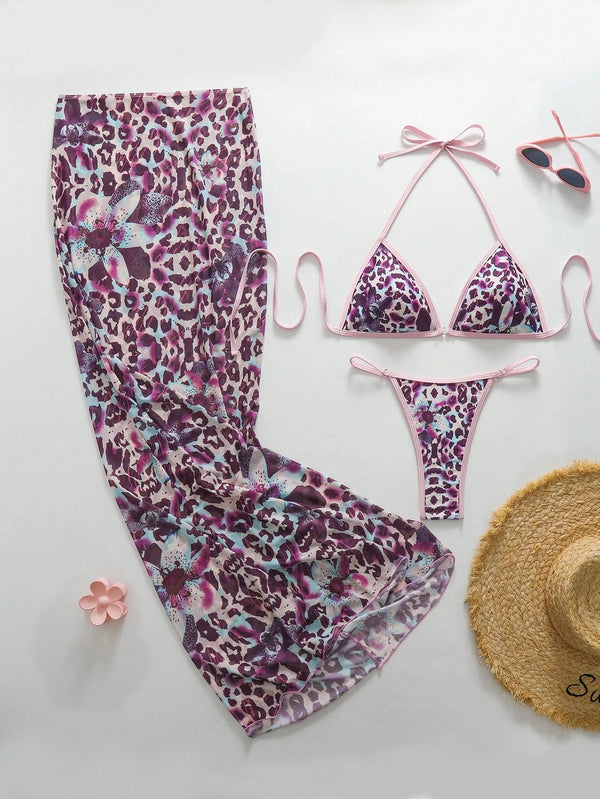 Bikini De 3 Piezas Con Falda Animal Print Floral