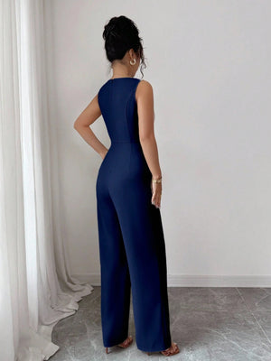 Mono largo azul marino elegante con cinturón vista trasera.