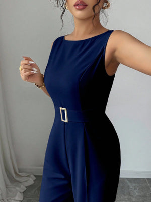 Mono largo azul marino elegante con cinturón detalle superior.