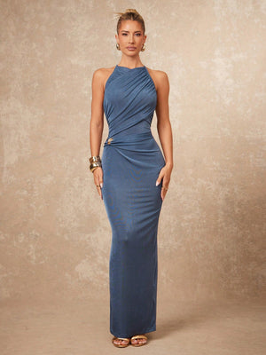 Vestido Maxi Neblina Azul Asimétrico Ajustado Envolvente vista frontal completa.
