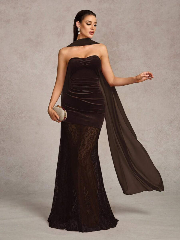 Vestido De Gala Marrón Estilo Sirena Con Encaje
