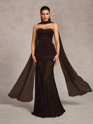 Vestido De Gala Marrón Estilo Sirena Con Encaje