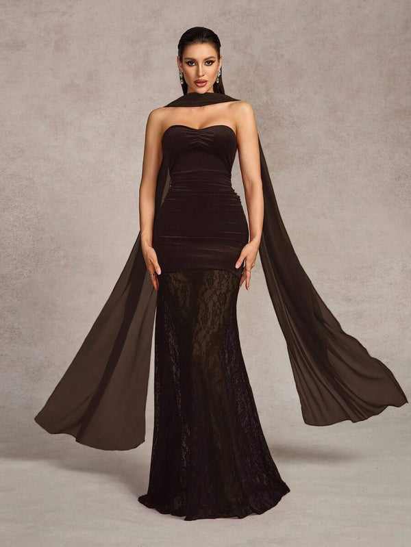 Vestido De Gala Marrón Estilo Sirena Con Encaje