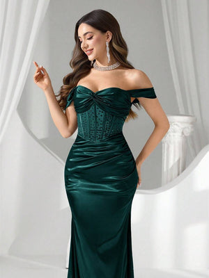 Vestido De Noche Verde Esmeralda Con Corsé Y Hombros Descubiertos