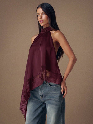 Top Halter Asimétrico de Satén Color Vino