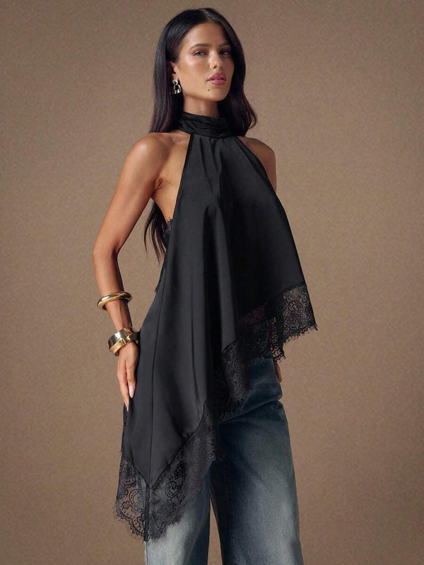 Blusa Halter Asimétrica Con Encaje Negro