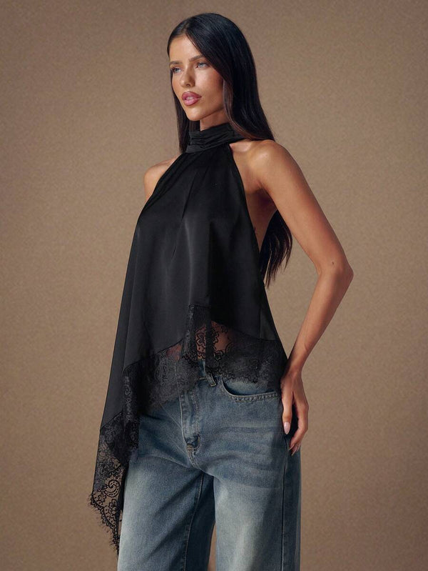 Blusa Halter Asimétrica Con Encaje Negro