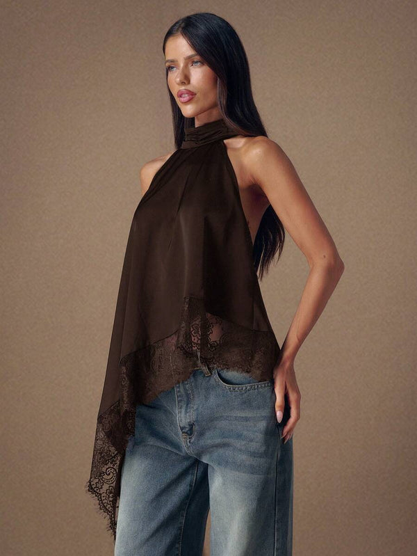 Blusa Halter Asimétrica Con Encaje Café