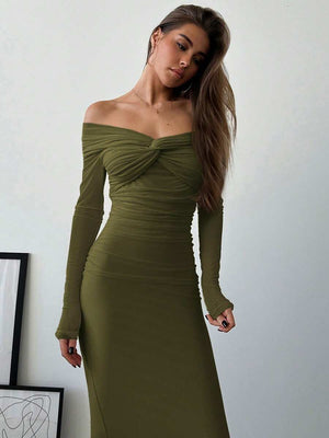 Vestido Maxi Elegante Hombros Descubiertos Verde Olivo