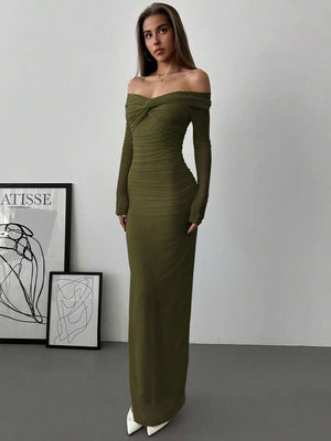 Vestido Maxi Elegante Hombros Descubiertos Verde Olivo