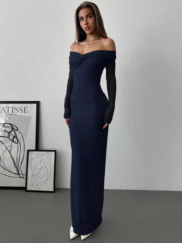 Vestido Maxi Elegante Con Hombros Descubiertos Azul Marino