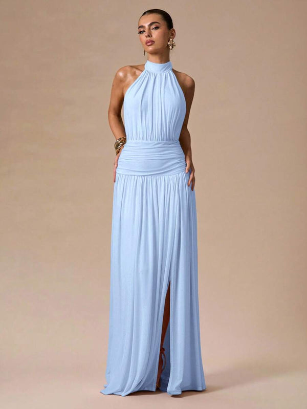 Vestido Largo Elegante De Fiesta Con Cuello Halter Azul