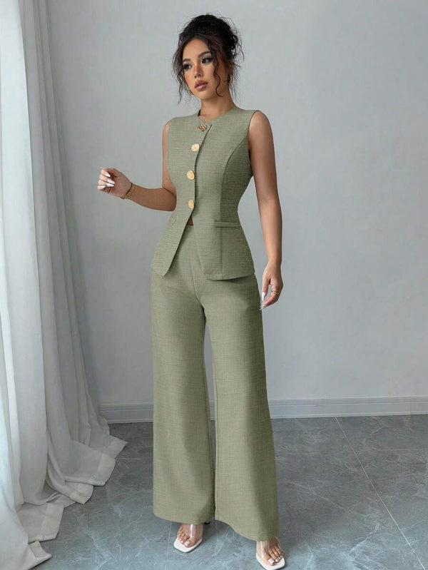 Conjunto Elegante de Chaleco y Pantalón Verde Salvia