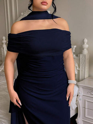 Vestido de Noche Elegante Hombros Descubiertos Azul Marino