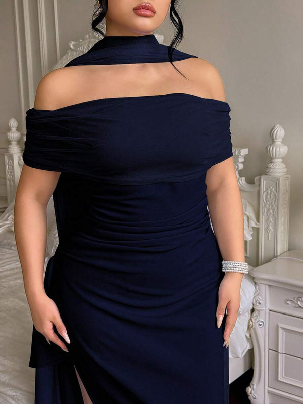Vestido de Noche Elegante Hombros Descubiertos Azul Marino