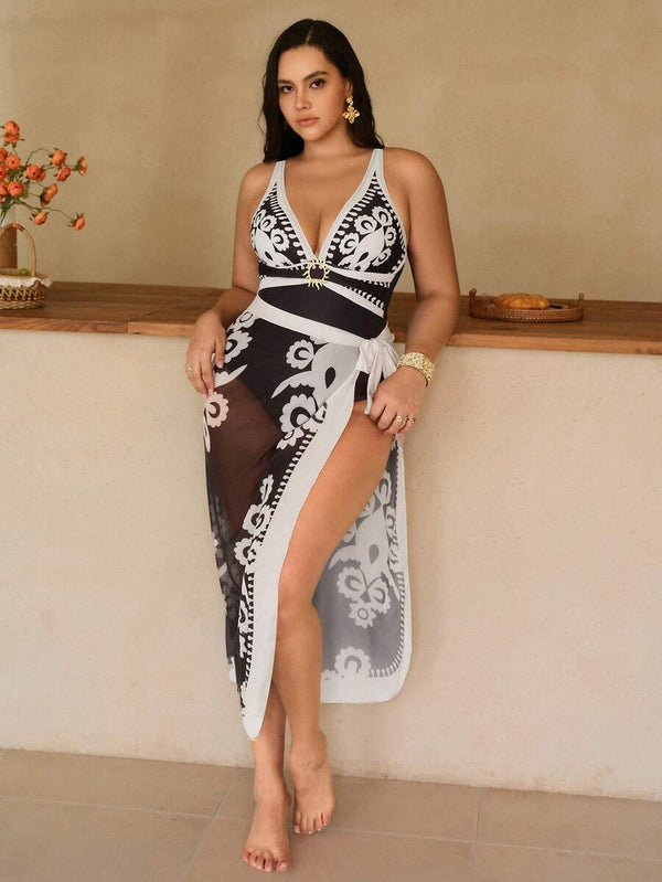 Traje de Baño Estampado Con Pareo y Escote Profundo