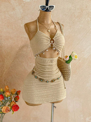 Vestido Beige Texturizado Con Detalles Marinos