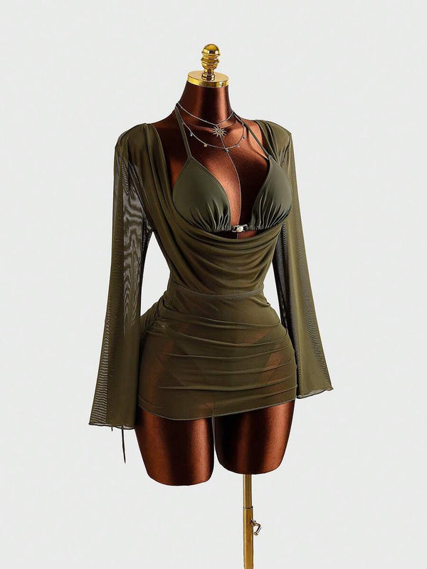 Conjunto Playero De 3 Piezas Verde Militar Con Cover-Up