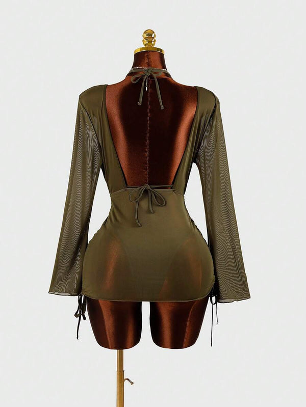 Conjunto Playero De 3 Piezas Verde Militar Con Cover-Up