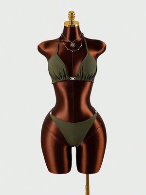 Conjunto Playero De 3 Piezas Verde Militar Con Cover-Up