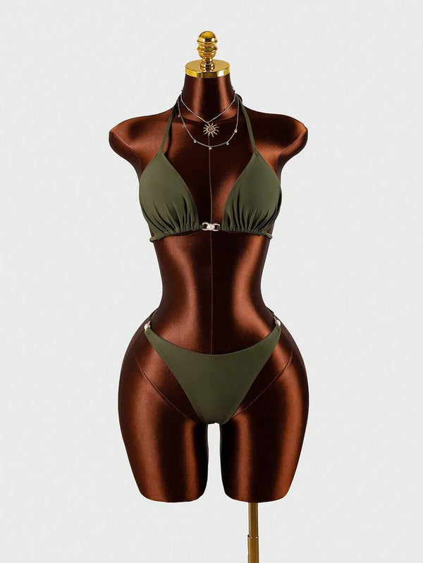 Conjunto Playero De 3 Piezas Verde Militar Con Cover-Up