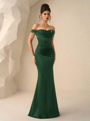 Vestido De Noche Verde Esmeralda Con Corsé Y Lentejuelas
