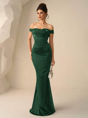 Vestido De Noche Verde Esmeralda Con Corsé Y Lentejuelas