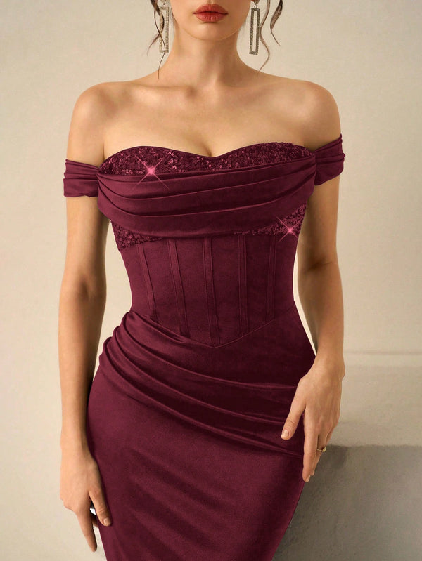 Vestido Midi Elegante Burdeos Con Lentejuelas look completo de noche