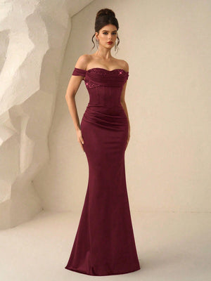 Vestido Midi Elegante Burdeos Con Lentejuelas vista frontal elegante
