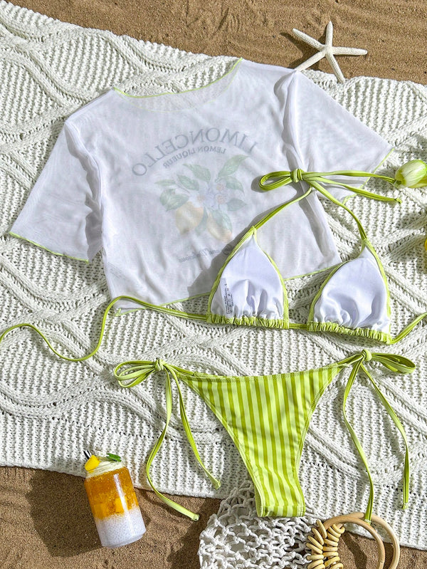 Set bikini multicolor de 3 piezas con top halter y lazos
