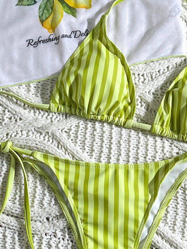 Set bikini multicolor de 3 piezas detalle de rayas y nudo
