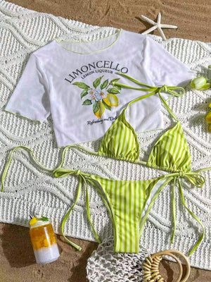 Set bikini multicolor de 3 piezas con crop top vista completa
