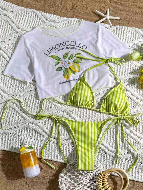 Set bikini multicolor de 3 piezas con crop top vista completa
