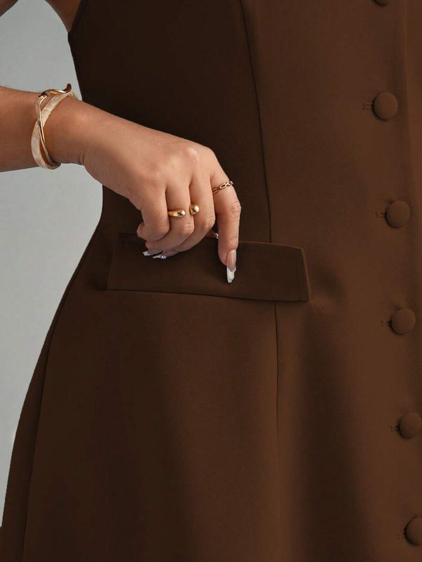 Detalle inferior del vestido café con botones frontales y falda de corte A.