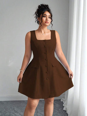 Vestido Café De Corte A Con Botones Frontales