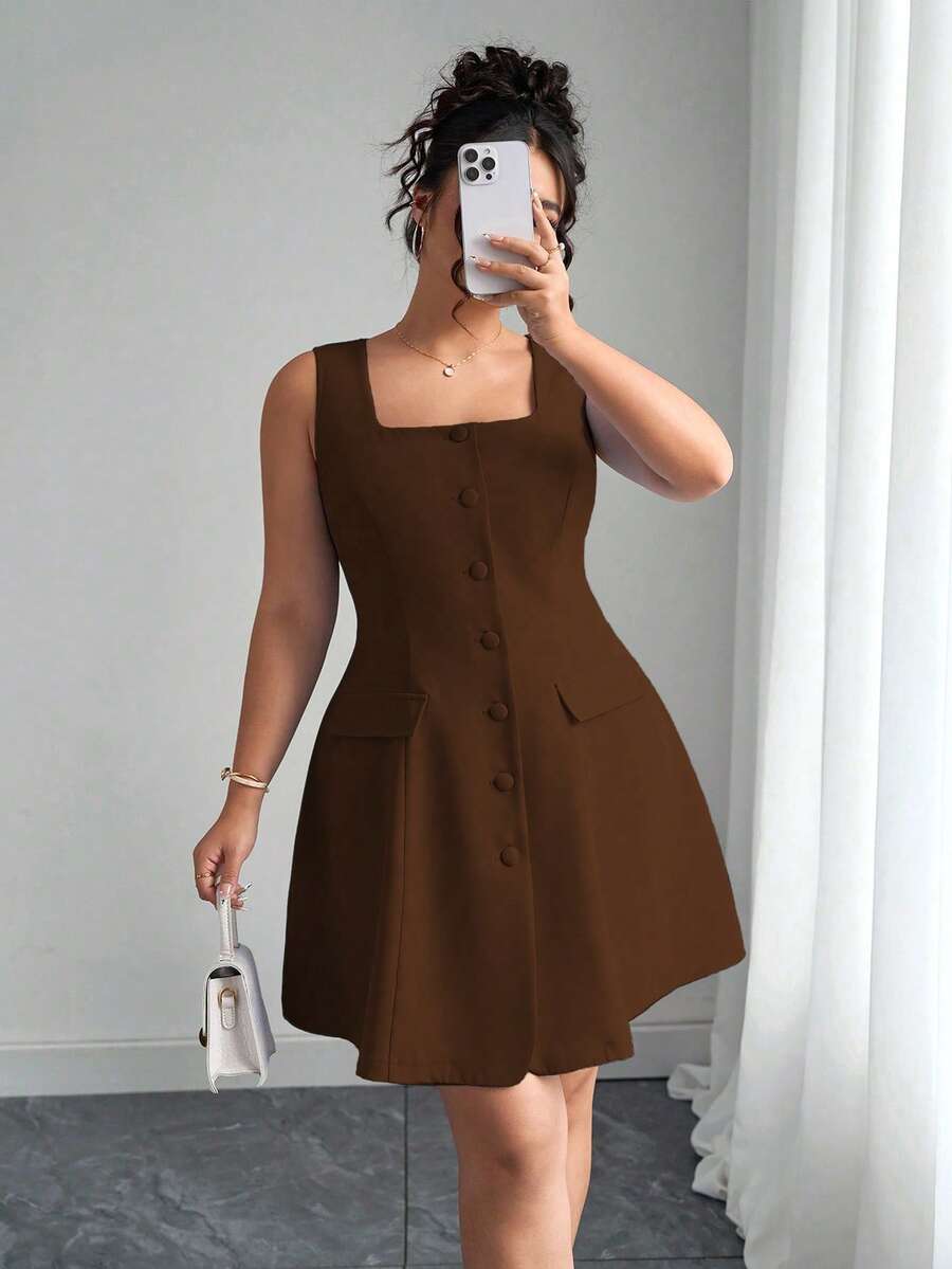 Vista completa de una mujer usando un vestido café sin mangas con botones frontales y cuello cuadrado.
