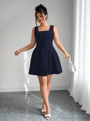 Vestido Pichi Azul Marino Con Escote Cuadrado y Botones