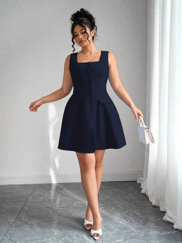 Vestido Pichi Azul Marino Con Escote Cuadrado y Botones