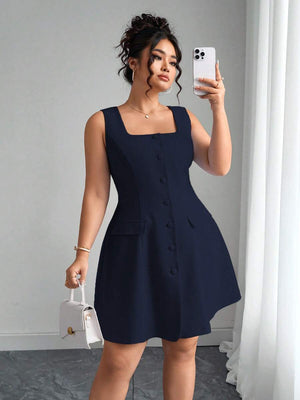 Vestido Pichi Azul Marino Con Escote Cuadrado y Botones
