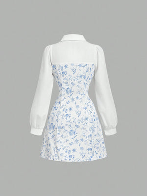 Vestido Mini Azul Y Blanco Estampado Floral Camisero A Línea vista posterior.
