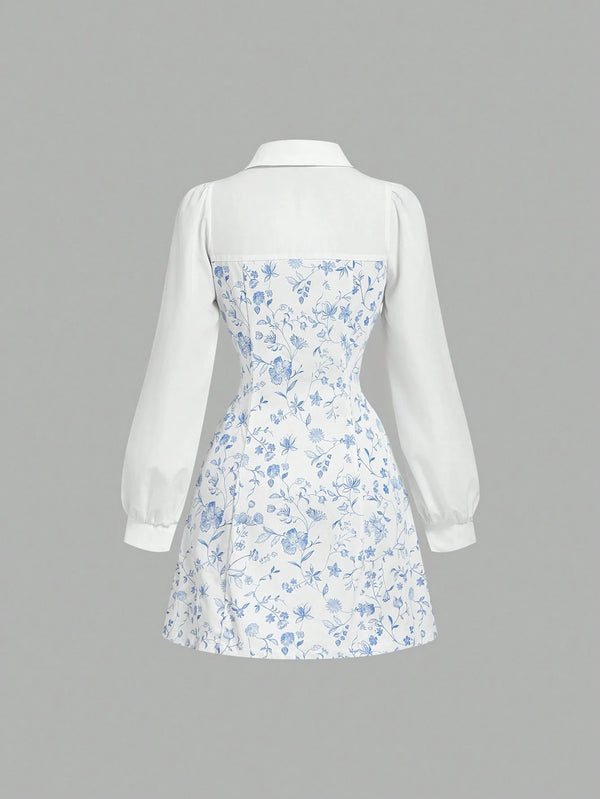 Vestido Mini Azul Y Blanco Estampado Floral Camisero A Línea vista posterior.
