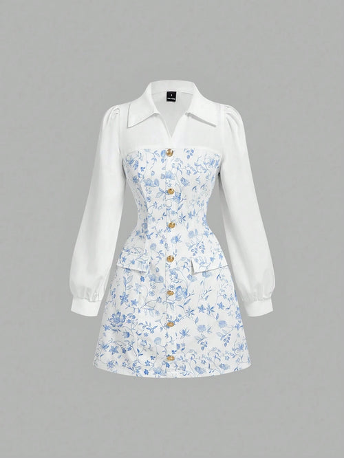 Vestido Mini Azul Y Blanco Estampado Floral Camisero A Línea vista frontal.
