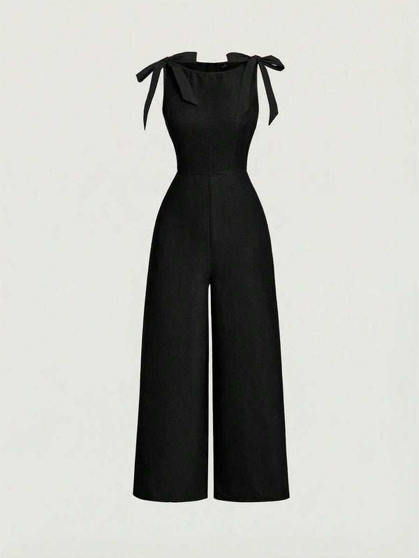 Jumpsuit Negro Elegante Con Lazos En Los Hombros