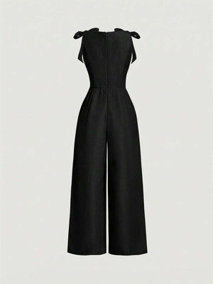 Jumpsuit Negro Elegante Con Lazos En Los Hombros